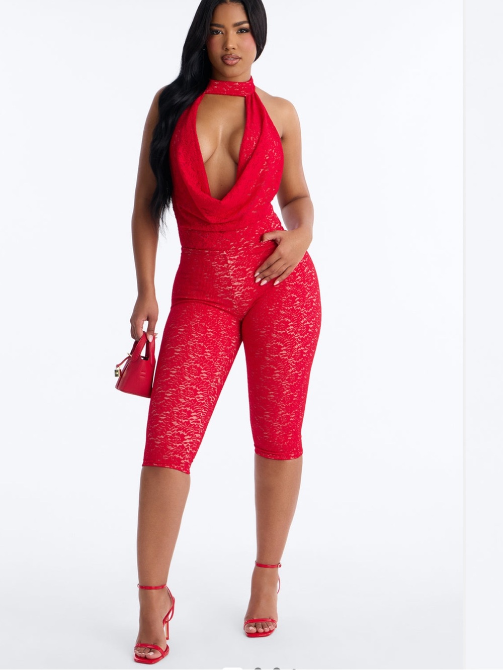 Fashion Nova Red Lace Halter Capri Jumpsuit